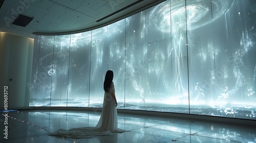 A futuristic view inside a state-of-the-art meteorological center, where a weather forecaster interacts with a holographic display of weather patterns and storm systems. photo