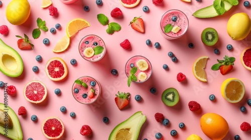 Colorful arrangement of spinning smoothie ingredients in a colorful pattern