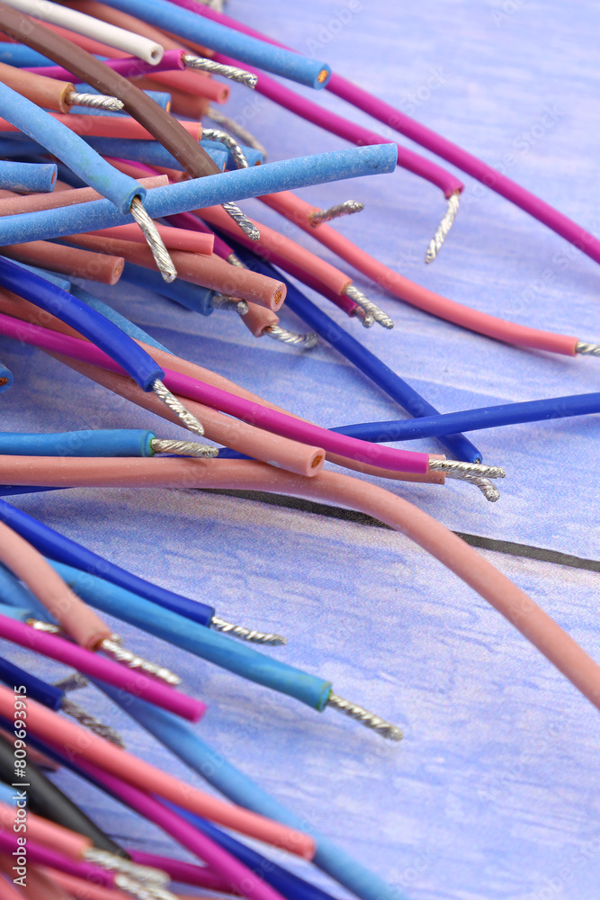 Copper electrical installation wires in colored insulation. Close-up.