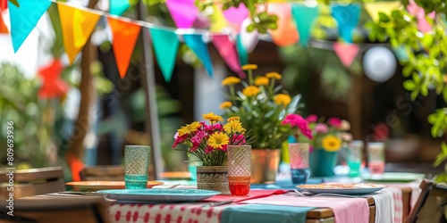 An inviting outdoor party scene with a colorful table setting ready for a festive celebration among friends or family photo