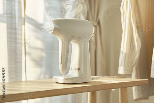 A handheld garment steamer with a continuous steam function, effortlessly removing wrinkles from clothes.