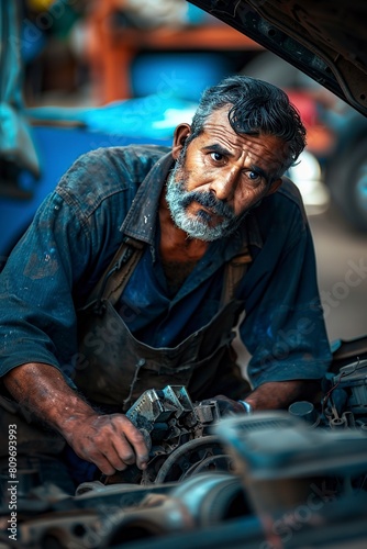 Man Repairing Car Engine in Garage