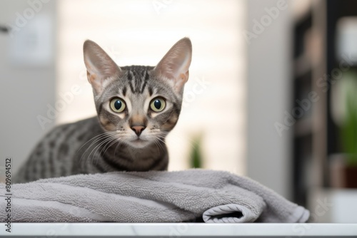 Lifestyle portrait photography of a cute egyptian mau cat kneading a blanket on sleek bathroom © Markus Schröder