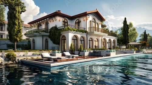 upclose shot of lakefront villa with nice garden, big windows and a swimming pool photo