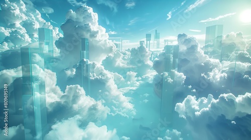 city in blue sky and clouds, abstract vision