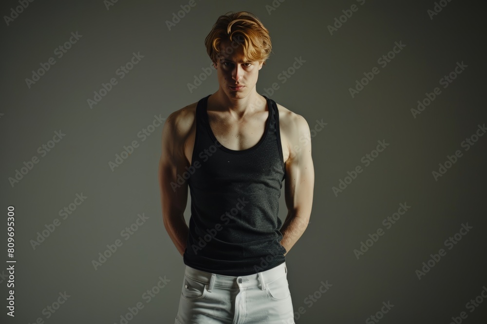 Young Male Model in Black Tank Top Serious Look. Generative AI. Young Male Model in Black Tank Top Serious Look. Generative AI.