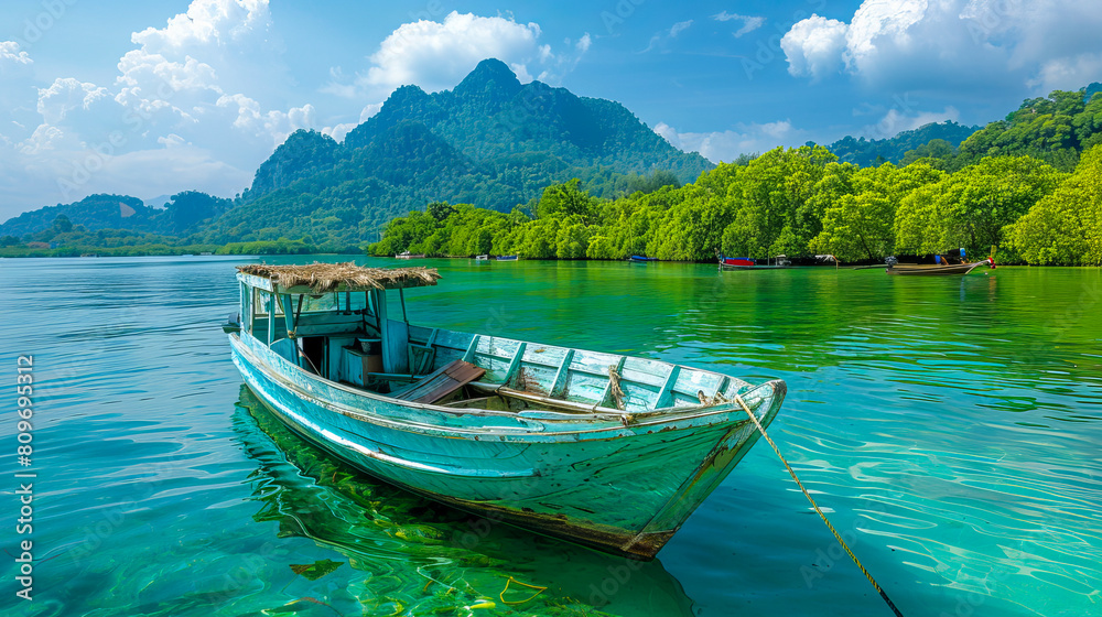 Serene image of an old wooden boat floating on the clear waters of a tropical paradise