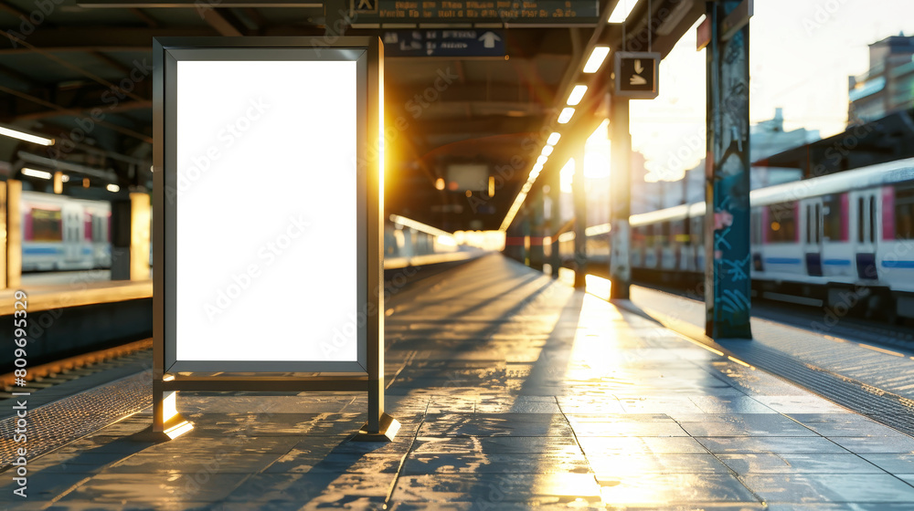 A train is seen traveling down train tracks next to a train station in the modern city. Mockup