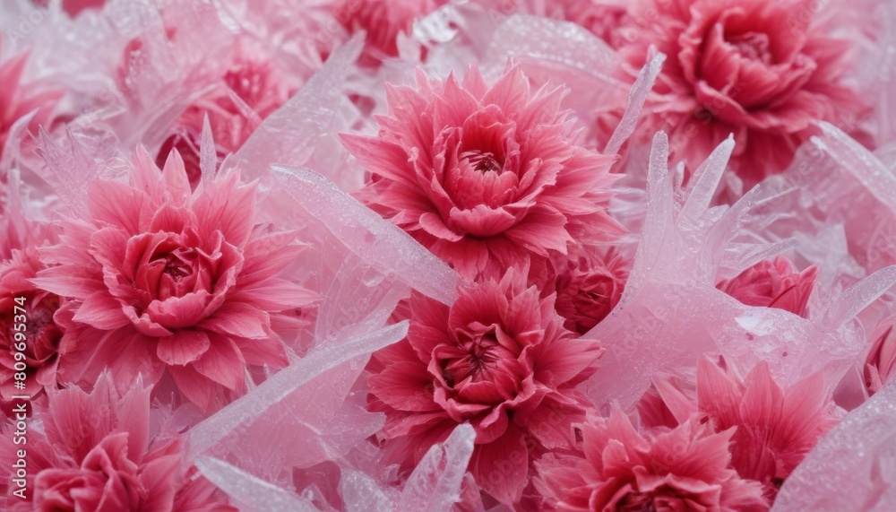 abstract background of close up of pink and red frozen flowers in ice