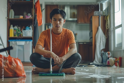 Tired Asian Man Sitting on Floor With Mop