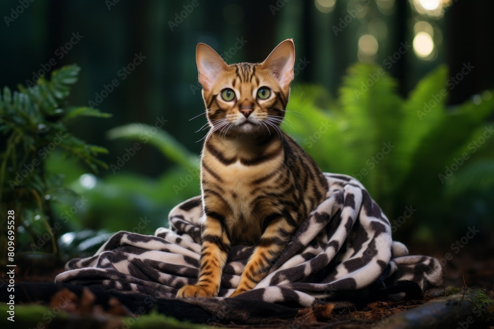 Full-length portrait photography of a happy bengal cat kneading a blanket isolated in enchanting forest
