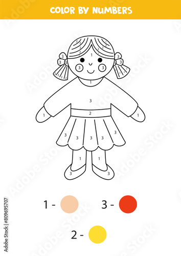 Color cartoon toy doll by numbers. Worksheet for kids.