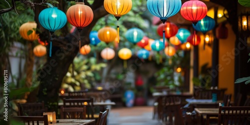 A tranquil evening ambiance with vibrant paper lanterns hanging above an empty outdoor dining area
