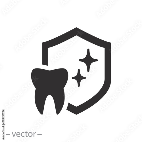 dental protection icon, tooth with shield and care, flat symbol on white background - vector illustration