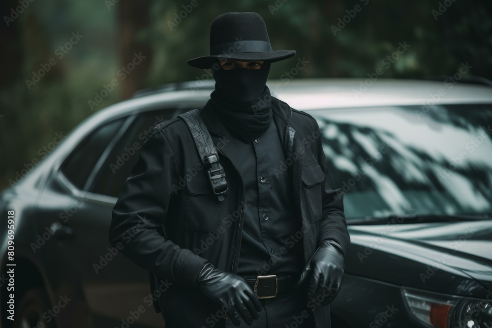 Shadowy figure in all black attire stands before a sleek car, exuding an air of intrigue and secrecy Shadowy figure in all black attire stands before a sleek car, exuding an air of intrigue and secrecy
