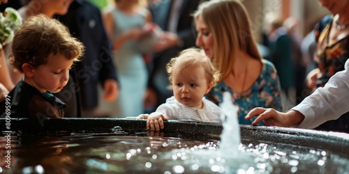 Young children playing with water at a baptism reception photo