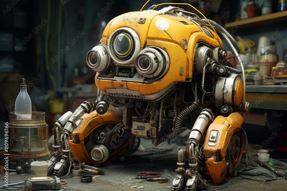 High-detail rendering of a yellow robot sitting in a cluttered mechanical workshop