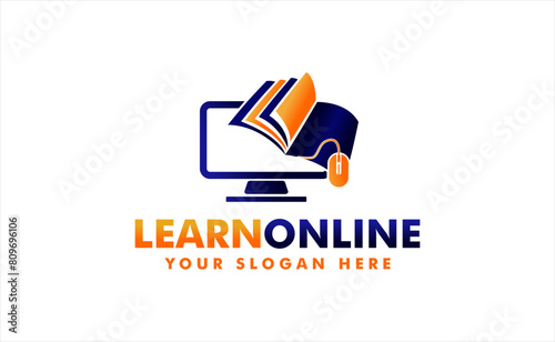 learning education online vector logo design template with book mouse and monitor icon