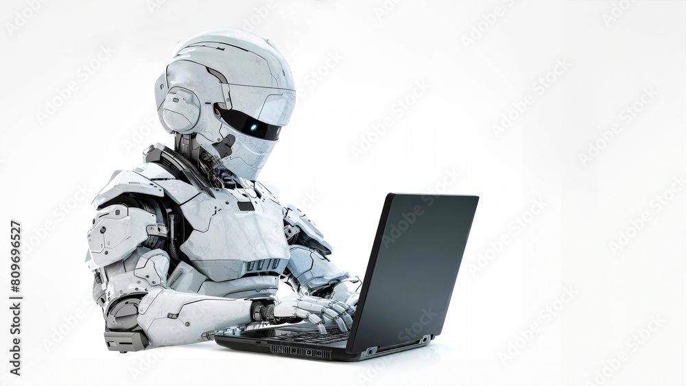 A futuristic robot sits confidently at a table, skillfully using a laptop to navigate the digital world with ease A futuristic robot sits confidently at a table, skillfully using a laptop to navigate the digital world with ease