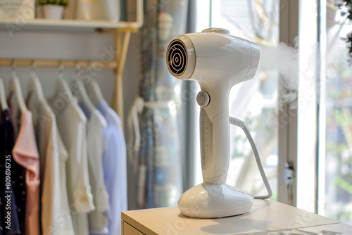 A handheld garment steamer with continuous steam flow, effectively removing wrinkles from clothing.