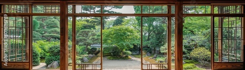 A beautiful view of a traditional Japanese garden with a pond, trees, and a stone path. The garden is seen through a wooden framed glass door.