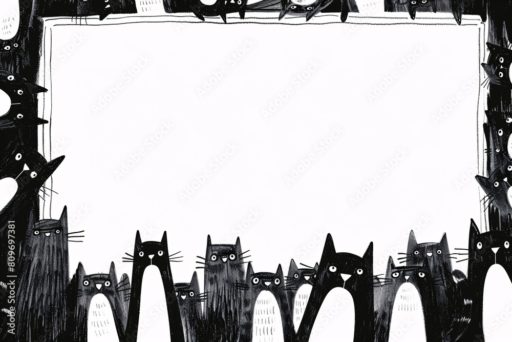 Fototapeta premium Black and white illustration of various cats peering around a blank white central rectangle