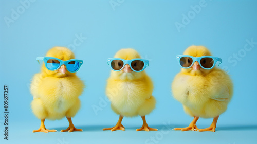 Three baby chicks wearing sunglasses and standing in front of a blue background. The image conveys a playful and lighthearted mood. A yellow chicks with blue sunglasses bang, studio blue background.