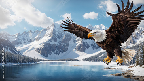 An eagle is flying over a lake in the mountains