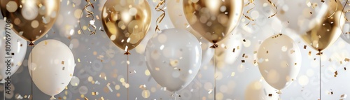 A beautiful and elegant image of gold and white balloons with gold confetti falling. Perfect for a wedding, anniversary, or any special occasion. photo