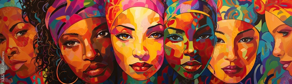 Colorful Women: Artwork Showcasing a Group of Women with Diverse Facial Complexions
