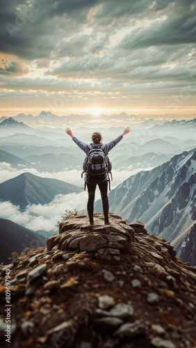 A woman with a backpack standing on a rocky cliff , arms raised , overlooking a scenic mountain landscape with snow-capped peaks in the distance © O-CAP