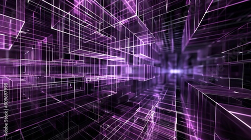 Futuristic wireframe abstract background in violet tone, with a complex geometric grid