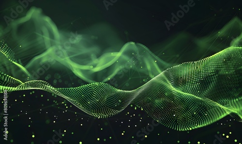 abstract digital wave with green particles on dark background , Generative AI