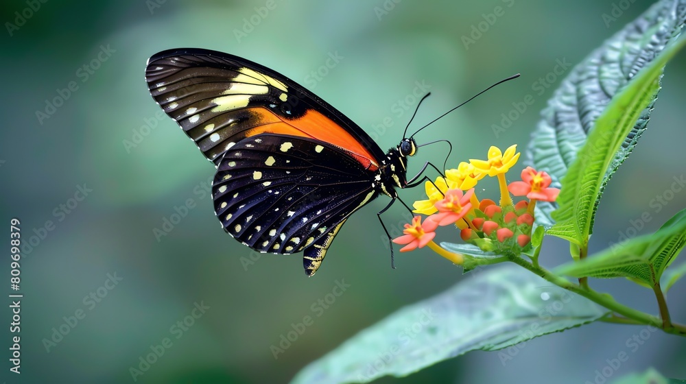 A beautiful butterfly with black, orange, and yellow wings is perched on a flower. The butterfly is surrounded by green leaves. A beautiful butterfly with black, orange, and yellow wings is perched on a flower. The butterfly is surrounded by green leaves.