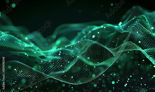 abstract digital wave with green particles on dark background , Generative AI