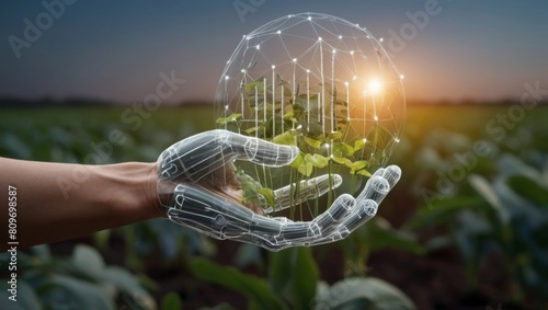 Smart Farming Concept. Green environment with Center and spoke Concept ,Plant on center and rotating Icons