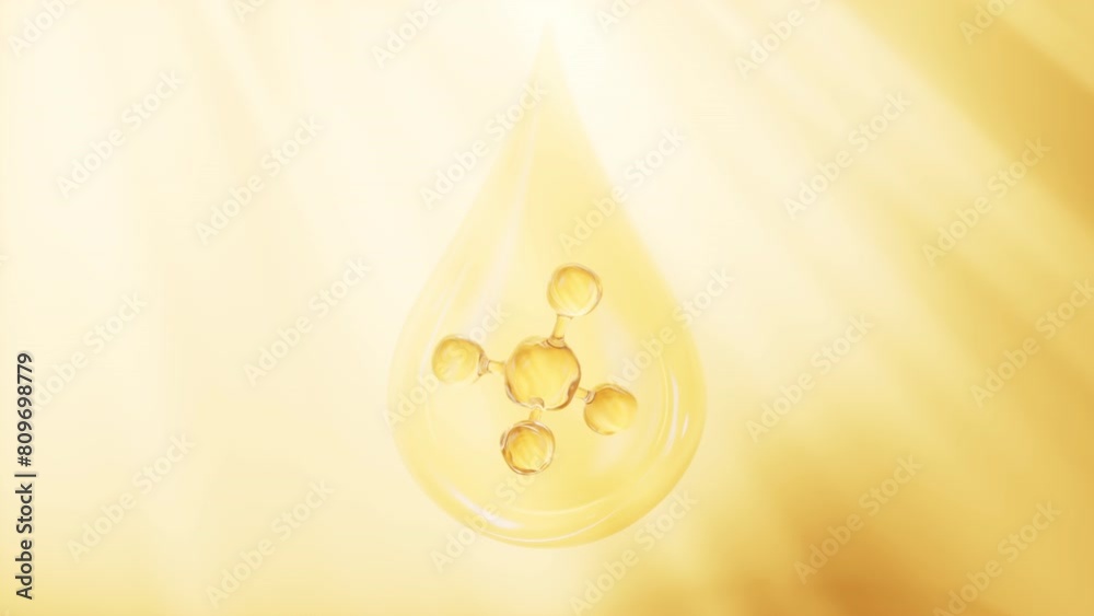 Gold molecule in transparent water droplets, skincare and biomedical concept, 3d rendering.