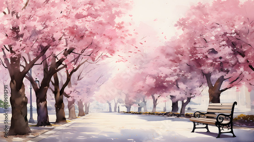 Cherry Blossom-lined Streets: Streets lined with cherry blossom trees in full bloom create a tunnel of pink and white petals, transforming urban landscapes into scenes of natural beauty, watercolour.