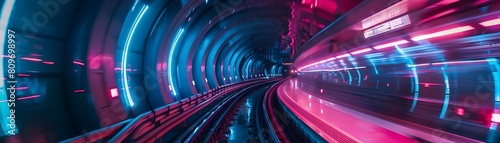 Futuristic Neon Lit Subway Train Speeding Through Metallic Tunnel with Vibrant Color Streaks