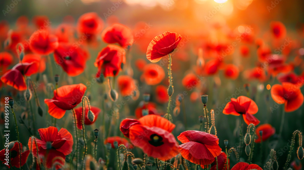 Obraz premium A field of red poppies with a sun in the background. The sun is setting and the poppies are in full bloom. poppy flower plant