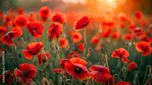 A field of red poppies with a sun in the background. The sun is setting and the poppies are in full bloom. poppy flower plant