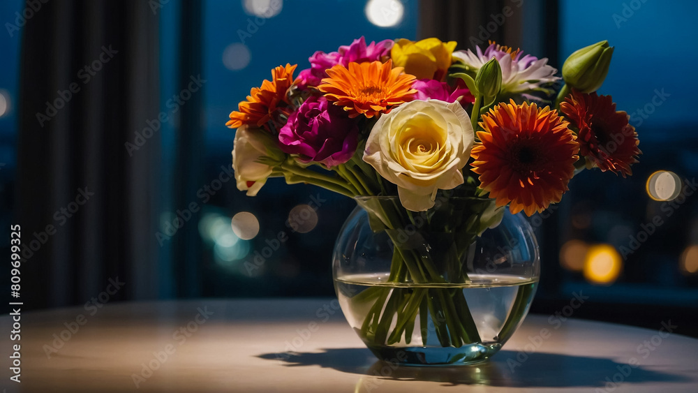 A colorful flower bouquet in a vase.
A colorful flower bouquet in a vase.