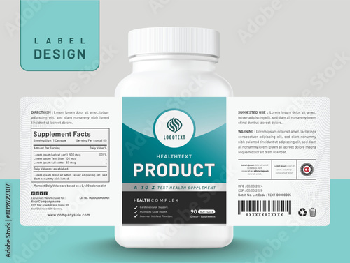 Food supplement multi vitamin label sticker design and dietary medicine bottle jar box packaging.