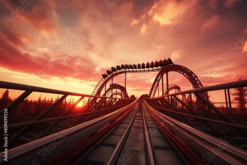 Peaceful Roller coaster sunset. Sky rail. Generate Ai © juliars