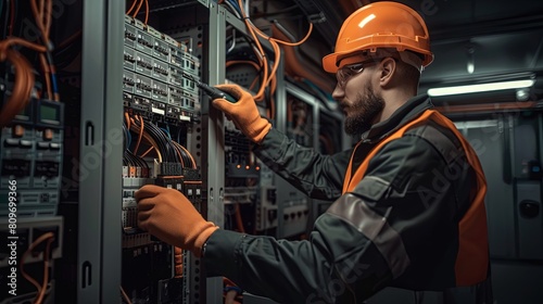 Electrician repairing damaged switchboard, critical control center of electrical systems.