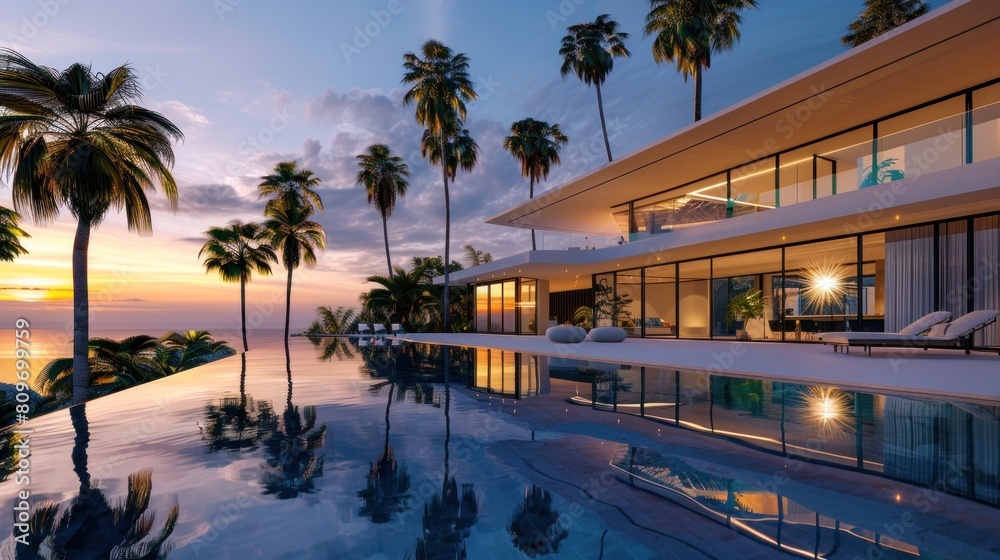 Behold the exterior of an amazing modern minimalist cubic villa, surrounded by palm trees and featuring a large swimming pool. Behold the exterior of an amazing modern minimalist cubic villa, surrounded by palm trees and featuring a large swimming pool.