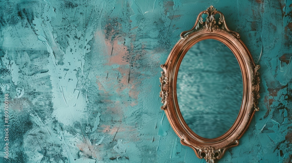 Antique mirror featuring a rustic copper frame set against a vibrant teal wall, highlighting the unique patina and vintage charm Antique mirror featuring a rustic copper frame set against a vibrant teal wall, highlighting the unique patina and vintage charm