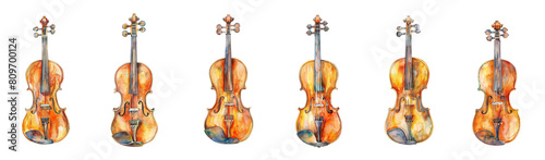 Set of watercolor violin isolated on transparent background.
