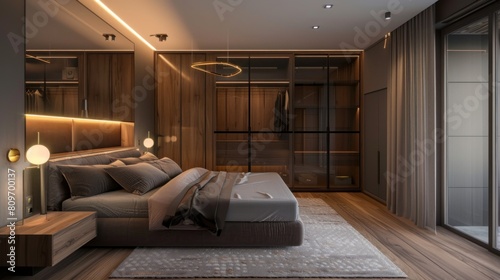In the modern bedroom  a wooden wardrobe embodies minimalist style interior design.