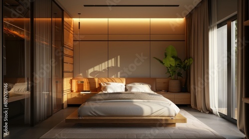 In the modern bedroom, a wooden wardrobe embodies minimalist style interior design.